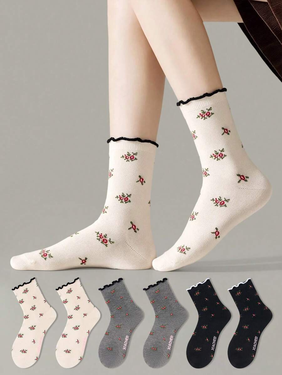ZUJO 3 Pairs Black White Grey Women's Mid-Calf Socks, Floral Pattern, Ruffle Trim, Warm Soft Breathable, Suitable For All Seasons Daily Wear, Random Color Shipment - Multicolor - View 1