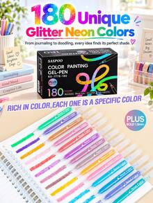 180 Color Gel Pen Set - 1.0mm Tip, Acrylic Metallic Glitter Paint Markers, Multi-Color Markers, Needle Pens, Ballpoint Pens, Eyeliner Pens, Perfect For Vibrant Colorful Writing And Sketching, Smooth Writing, For Painting, Highlighting, Note-Taking, Crafting, Office Use - Multicolor - View 3