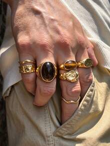 8pcs/Set Fashion Punk Liquid Geometric Metal Rings, Inlaid With Brown Gemstones, Adjustable Knuckle Rings, Men's Style, Small Size - Yellow Gold - View 6
