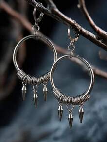 2pcs/Set Punk Style Geometric Hoop Rivet Pendant Necklace & Earrings Metal Jewelry Set, Suitable For Women's Daily, Party, Music Festival Wear - Silver - View 9