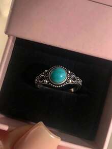 1pc Women's Vintage Turquoise Ring, Bohemian Style, Synthetic Cubic Zirconia, Suitable For Wedding, Banquet, Party, Daily Wear, No Packaging Box - Silver - View 1
