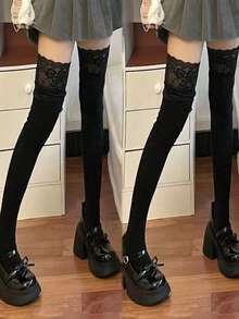 Women's Lace Patchwork Over-The-Knee Long Socks, Vertical Stripe Slimming Japanese Sweet Style Thigh-High Stockings, Versatile Solid Color - Multicolor - View 4