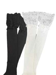 Women's Lace Patchwork Over-The-Knee Long Socks, Vertical Stripe Slimming Japanese Sweet Style Thigh-High Stockings, Versatile Solid Color - Multicolor - View 2