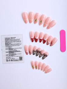 24 Autumn/Winter Acrylic Nail Tips: French Manicure With Leopard Print, Metallic Star, And RhinestonesPerfect For Women Shopping, Socializing, And Photo Shoots. Maxes Out Your Style And Goes With Any Outfit For Stunning Photos. - Multicolor - View 2