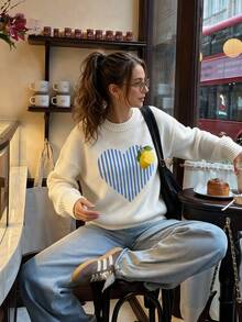 LOVE JOYY Women's Fun Heart & Lemon Striped Print Round Neck Knit Sweater, Soft & Fluffy - White - View 6