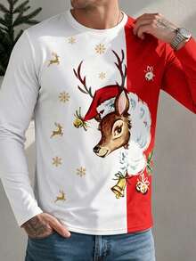Men's Christmas Long Sleeve T-Shirt, Red And White Color Block Design, Holiday Casual Party Top - Multicolor - View 2