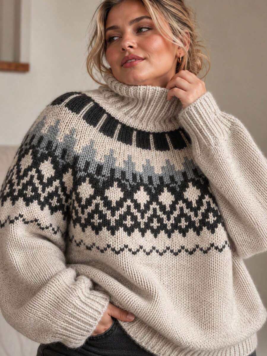 Áo len cổ cao tay dài họa tiết Fair Isle size lớn, thiết kế vai trễ dáng rộng, quần áo mùa thu cho nữ, trang phục mùa thu cho nữ, quần áo mùa thu, trang trí mùa thu, outfit mùa thu - Màu be - Xem 1