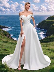 Lace Long Sleeve Satin Wedding Dress With Large Train, White Bridal Gown For Church Wedding, Intimate Wedding Spring - White - View 2