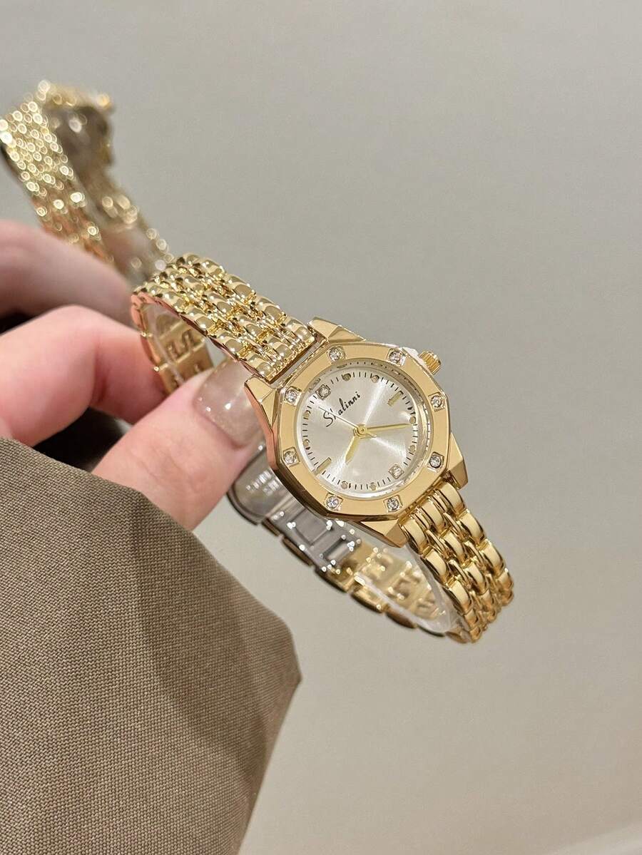 1件優雅金色女款石英手錶,八角形白色錶盤,鑲鑽錶圈,適合日常穿著與辦公服裝 - 金色 - 查看 1