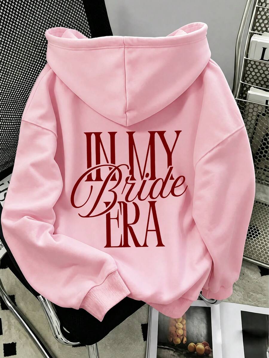 1pc Women's Loose Drop Shoulder Long Sleeve Skin-Friendly Comfortable Bridal Style Hoodie, Suitable For Bachelorette Party, Daily Wear - Baby Pink - View 1