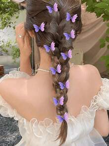24/12/6pcs (Random Color) Women's Gradient Double-Layer Crystal Tulle Bow Diamond Hair Clips, Cute Princess Hair Accessories - Purple Pink - View 1