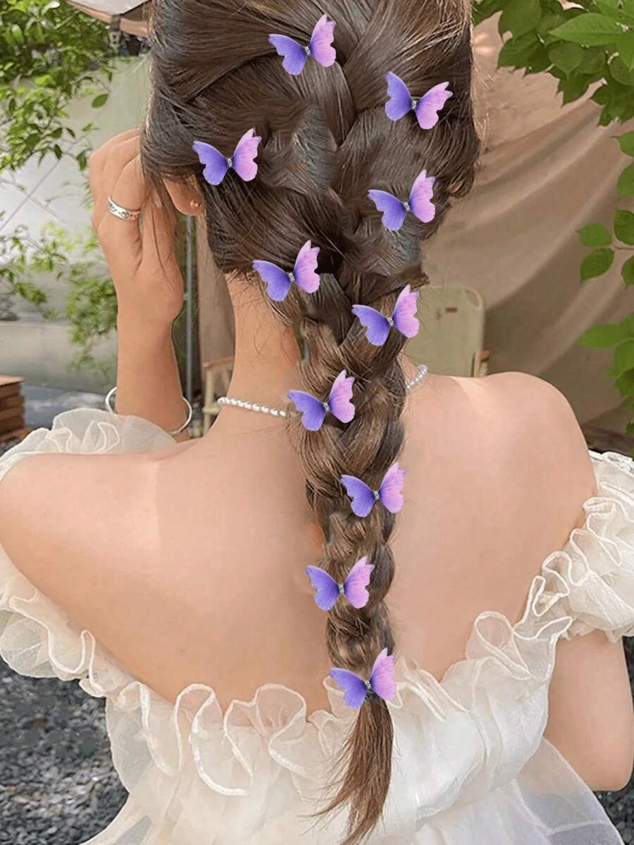 24/12/6pcs (Random Color) Women's Gradient Double-Layer Crystal Tulle Bow Diamond Hair Clips, Cute Princess Hair Accessories - Purple Pink - View 1