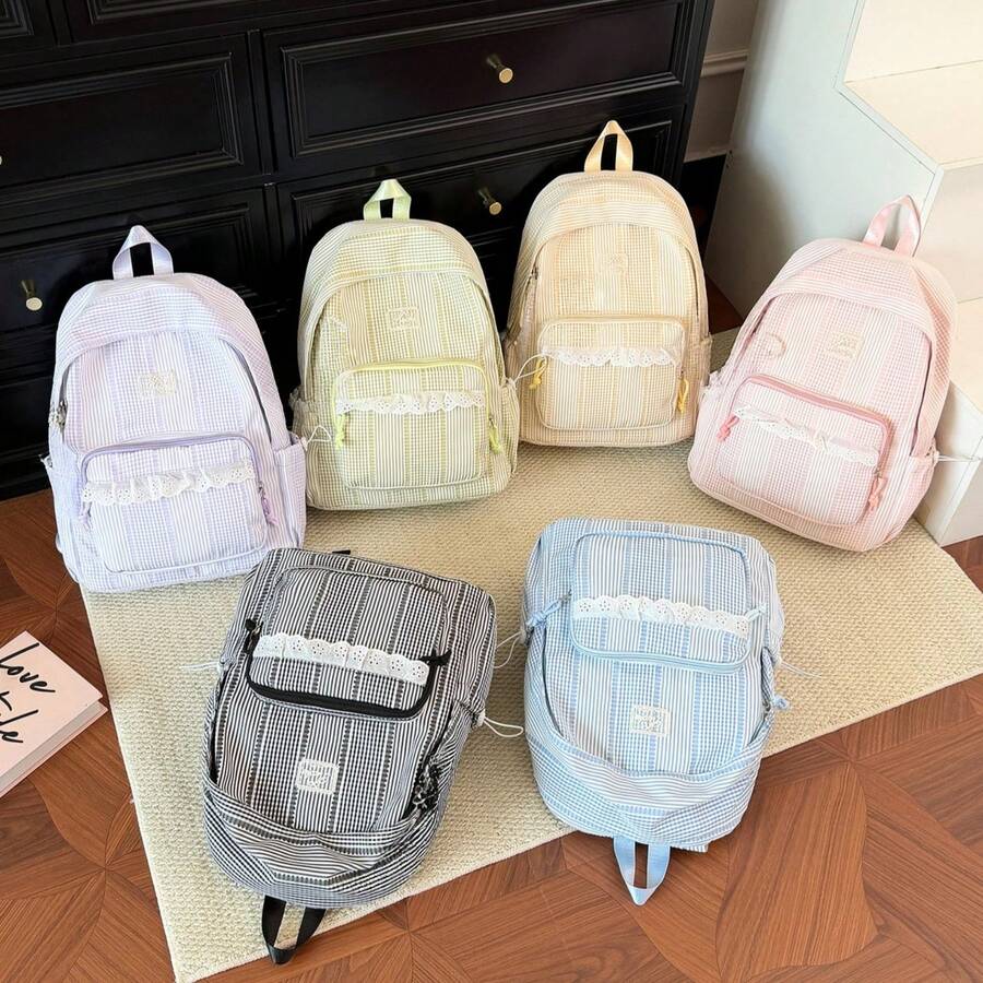 New Fashionable And Versatile Checkered Backpack, Large Capacity College Style Small And Fresh Multi Pocket Backpack, Casual And Simple - Multicolor - View 1