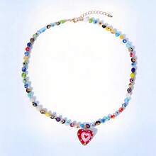 Y2Kool 1pc Vacation-Style Faux Jade Colorful Beaded Red Heart Pendant Necklace For Women - Colorful - View 5