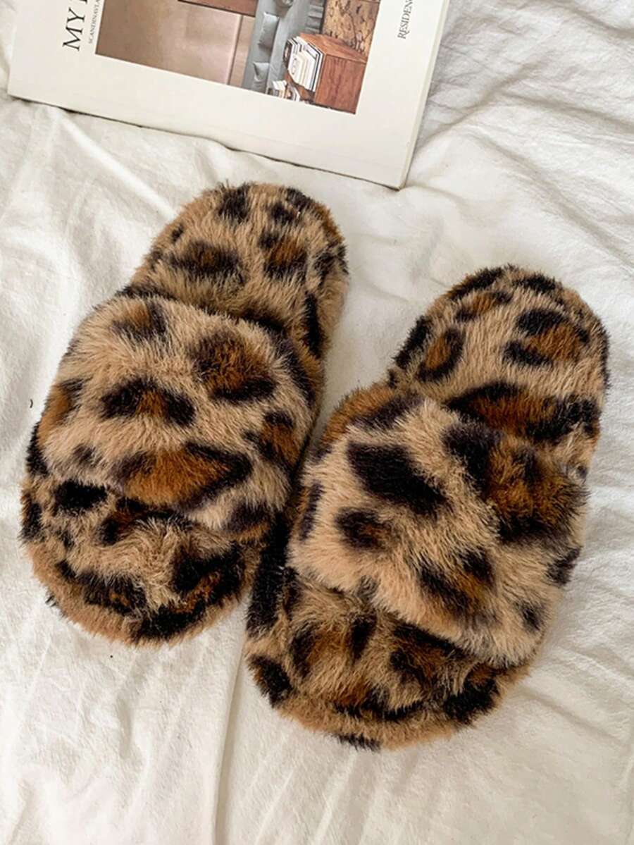 Kids Brown Leopard Print Fuzzy Slippers, Cross Strap Open Toe Plush House Slides, Toddler Little Kid Warm Soft Sole Non-Slip Winter Shoes - Coffee Brown - View 1