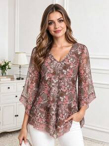 CheersLife Plus Size Women Elegant Blouse, V-Neck Double-Layer Elastic Mesh Casual Flowy Work Shirt With Ruffle Hem And 3/4 Bell Sleeves Vacation Spring - Multicolor - View 1