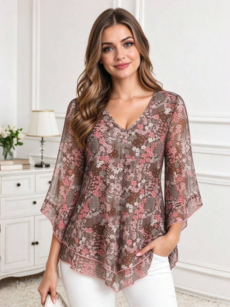 CheersLife Plus Size Women Elegant Blouse, V-Neck Double-Layer Elastic Mesh Casual Flowy Work Shirt With Ruffle Hem And 3/4 Bell Sleeves Vacation Spring - Multicolor - View 1