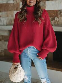 Women's Red Turtleneck Balloon Long Sleeve Ribbed Knit Oversized Pullover Sweater, Casual Cozy Fall Winter Daily Lounge Wear - Red - View 1