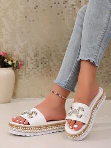 Women's Woven Strap Thick Sole Slip-On Sandals, White Rhinestone Trim Thick Sole Straw Slippers, Suitable For Summer Vacation - White Chain - View 6
