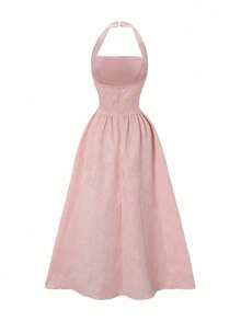 Gaun Midi Wanita Gaya Vintage Prancis Musim Semi/Panas Warna Pink dengan Motif Bunga Emboss, Kerah Kotak, Pinggang Serut, Potongan A-Line, Pakaian Malam Elegan - Berwarna merah muda - View 8