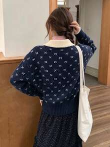 Korean Style Color Block Peter Pan Collar Cute Jacquard Casual Fitted Women Cardigan - Navy Blue - View 6