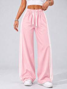 AODSR Women Pink Wide Leg Sweatpants Track Pants Side Stripe Drawstring Elastic High Waist Loose Fit Casual Athletic Pants - Pink - View 5
