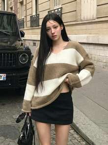 Striped V Neck Knit Sweater, Relaxed Fit Long Sleeve Pullover, Soft Brown And Cream Colorblock, Casual Fall Winter Outfit Essential, Chic Style - Coffee Brown - View 5
