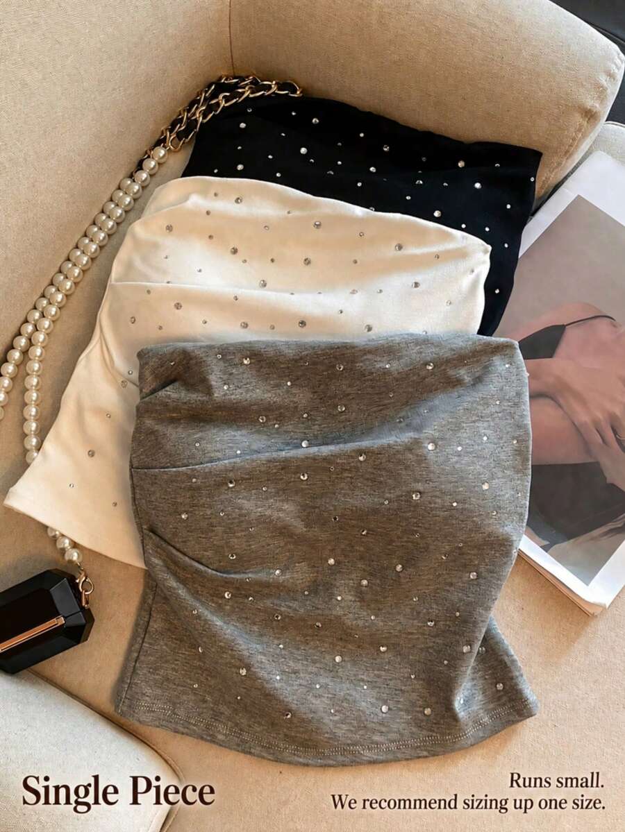 1pc Women's Elegant Casual Charming Sexy Minimalist Blouse, Fresh Daily Wear Commute Versatile Fitted Rhinestone Pleated Bandeau Top Summer - Grey - View 1