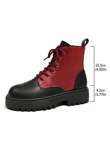 JINWUYIPIN Women's Elastic Slim Fit Ankle Boots, Pointed Toe, Square Chunky Heel, Side Zipper, Glossy Faux Leather, Commuter Boots, Autumn/Winter - Black and Red - View 3