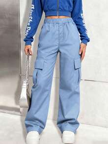1 pieza Pantalones cargo casuales sueltos de unicolor de moda para niñas preadolescentes con múltiples bolsillos, para primavera/otoño - Neblina azul - Ver 3