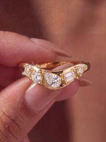 1pc Classic Zirconia Ring, Women's Jewelry, Party Gift, Birthday Gift, Daily Wear - Two Rings With Diamonds - View 6