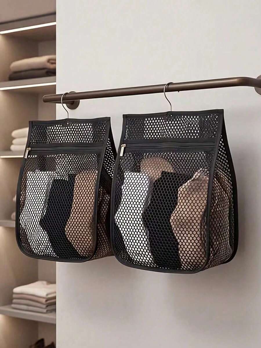 Mesh Storage Bag & Foldable Clothes Hanger Set, Zippered Wide Opening Laundry Bag, Versatile Visible Mesh Organizer Bag, Hanging Shoe Rack For Closet, Dorm & Travel Storage, Back To School Home Organizer, Christmas & Mother's Day Gift - Multicolor - View 1