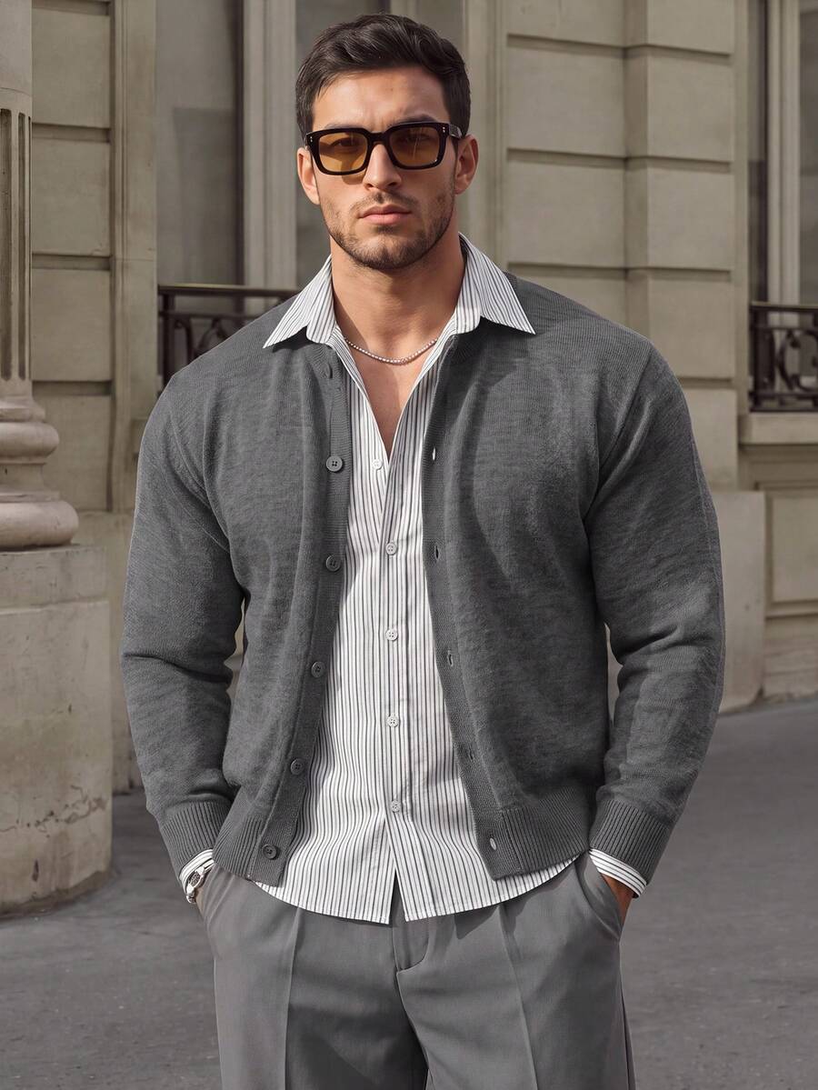 Men's Solid Light Grey V Neck Knit Cardigan, Button Down Loose Soft Layering Sweater Outerwear - Grey - View 1