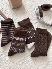 1/4/8 Pairs Women'S Vintage Brown Mid-Calf Socks With Snowflake, Cable, Or Stripe Patterns. Perfect For Fall And Winter-Great With Snow Boots Or Retro Dresses - Multicolor - View 1