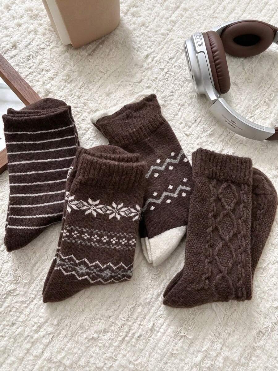 1/4/8 Pairs Women'S Vintage Brown Mid-Calf Socks With Snowflake, Cable, Or Stripe Patterns. Perfect For Fall And Winter-Great With Snow Boots Or Retro Dresses - Multicolor - View 1