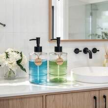 Nordic Vintage Vertical Striped Transparent Glass Soap Dispenser With Pump And Tag, Multi-Functional Hand Soap Dispenser Bottle For Kitchen Dish Soap, Bathroom Lotion, Shampoo, Body Wash, Home Decor And Christmas, Birthday, Housewarming Gift - Multicolor - View 1