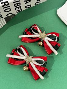 2pcs Christmas Party Red Green Gold Trim Bow Side Clip Gold Bell Star Pendant Hair Accessories For Girls Holiday Atmosphere - Multicolor - View 2