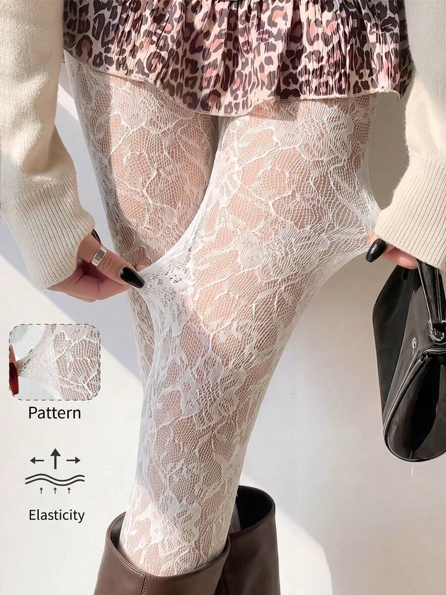 1 Pair Women's White Floral Lace Hollow Out Fishnet Tights, Vintage Style, Suitable For Dating And Photography, Base Layer - White - View 1