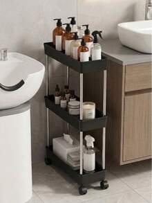 1pc 3/4-Tier Narrow Mobile Storage Cart, Bathroom Rolling Organizer Rack, Multi-Function Storage Shelf, Bathroom Gap Storage - Black - View 2
