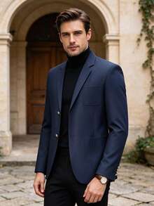 Men's Casual Lapel Neck Solid Color Long Sleeve Blazer, Business Commute Versatile, Daily Office, Gathering, Spring/Autumn - Navy Blue - View 3
