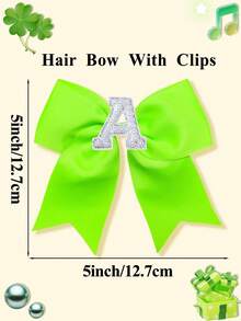 1pc Girls Bright Grosgrain Ribbon Bow Hair Clip, Pearl Rhinestone A-Z Alphabet Letter Decor Bow Hair Barrettes, Cute Girls Daily Hair Accessories - Lime Green - View 10