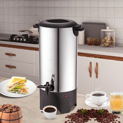 Gewerbliche Kaffeekanne, 50 Tassen Edelstahl Großer Kaffeespender, 1000W 220V Elektrische Kaffeekanne für Schnelles Aufbrühen, Heißwasserkanne mit abnehmbarem Netzkabel für einfache Reinigung, Silber