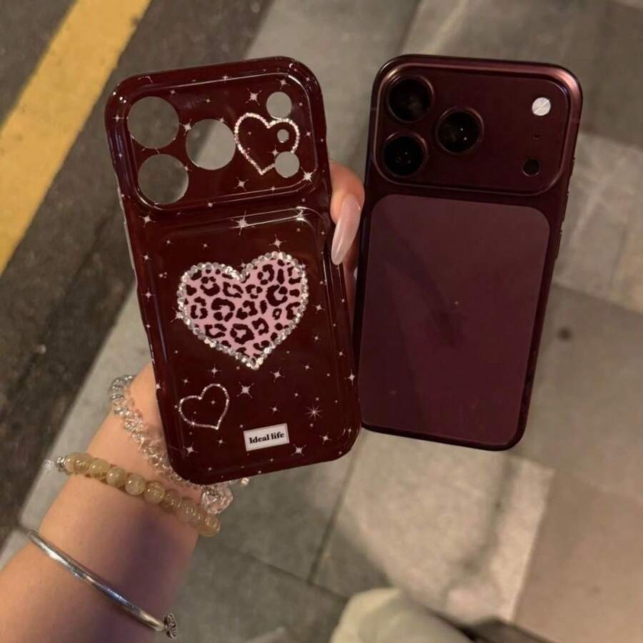 Maillard Star Leopard Print Heart Phone Case Compatible With Apple 18 Pro Max, 18 Pro, 17 PM, 15, 16 Pro, 17, Vintage Retro Full Coverage Protective Cover - Cherry Red - View 1