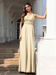 Volly Toych Champagne Elegant Chiffon Bridesmaid Long Dress, Asymmetrical Bow & Drape Design, Suitable For Formal Occasions And Weddings - Champagne - View 6