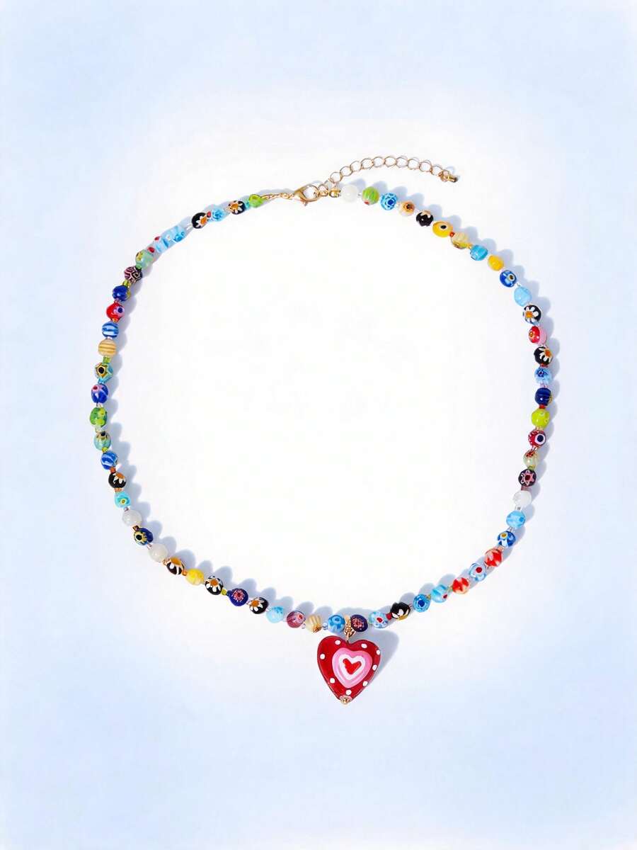 Y2Kool 1pc Vacation-Style Faux Jade Colorful Beaded Red Heart Pendant Necklace For Women - Colorful - View 1