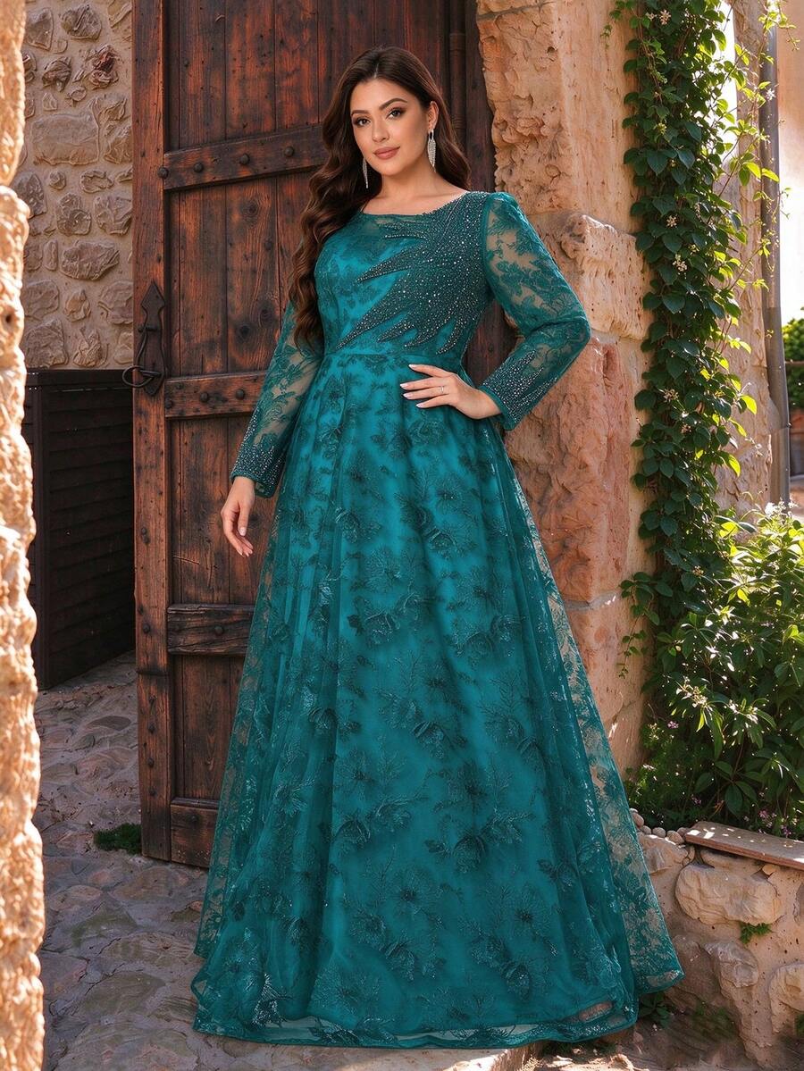 Plus Size Elegant Autumn/Winter Faux Pearl & Rhinestone Embellished Lace A-Line Long Evening Dress, Round Neck Sheer Long Sleeve, Suitable For Party, Wedding, Date - Teal Blue - View 1