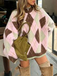 Women's Plus Size Diamond Quilted Half-Zip Sweater, Soft Fuzzy Small Stand Collar Long Sleeve Knit Top, Preppy Y2K Casual Loose Pullover For Autumn - Pinkish Brown - View 2