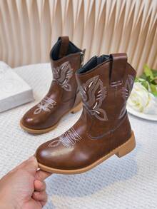 Vintage Brown Western Cowboy Boots, Embroidered Mid-Calf Riding Boots For Kids, Soft Sole Side Zipper Stage Outfit Boots - Brown - View 7