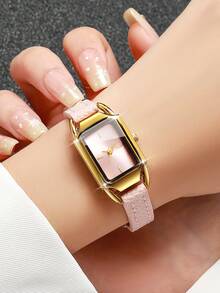 Women's Fresh Small Thin PU Strap Quartz Watch, Minimalist Square Dial With Simple Markings, Suitable For Girls And Students For Daily Wear, Gift Watch (1pc/Set) Watch Box Not Included - Pink - View 2