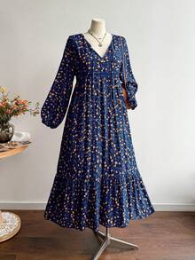 Rusttydustty Plus Size Women's Autumn Floral V-Neck Tie Ruffle Patchwork Long Sleeve Dress, Suitable For Autumn/Winter Vacation Elegant - Dark Blue - View 6